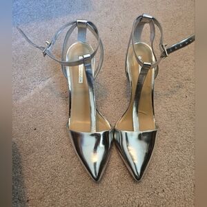 BCBGeneration Silver Heels with Pointed Toe and Ankle Strap
